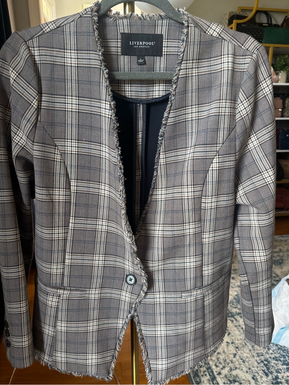 Liverpool Plaid Fringe-Trim Blazer in Gray and Taupe